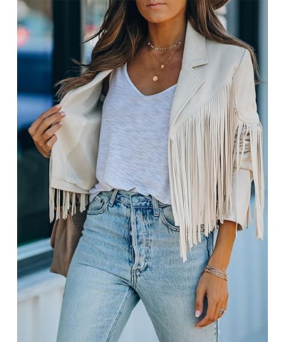 Women Faux Suede Jacket Long Sleeve Fringe Cropped Jacket Western Outfits Outerwear White $31.85 Coats