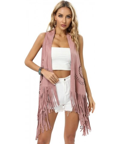 Fashion Women's Faux Suede Laser Cut Triangle Stoles Cape Shrug Scarf With Tassel Shawls Sun Pink $24.18 Sweaters