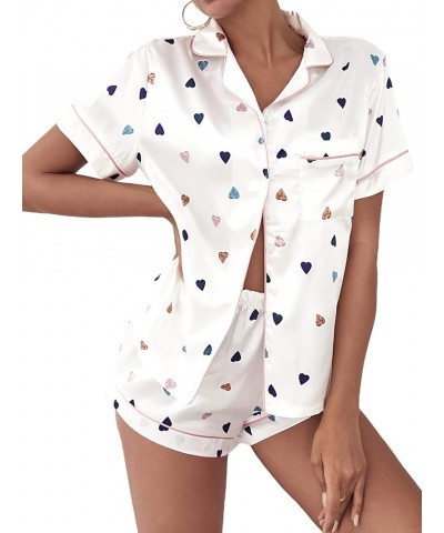 Women's Satin Sleepwear Short Sleeve Button Shirt and Shorts Pajama Set Silky PJ White Heart Print $18.71 Sleep & Lounge