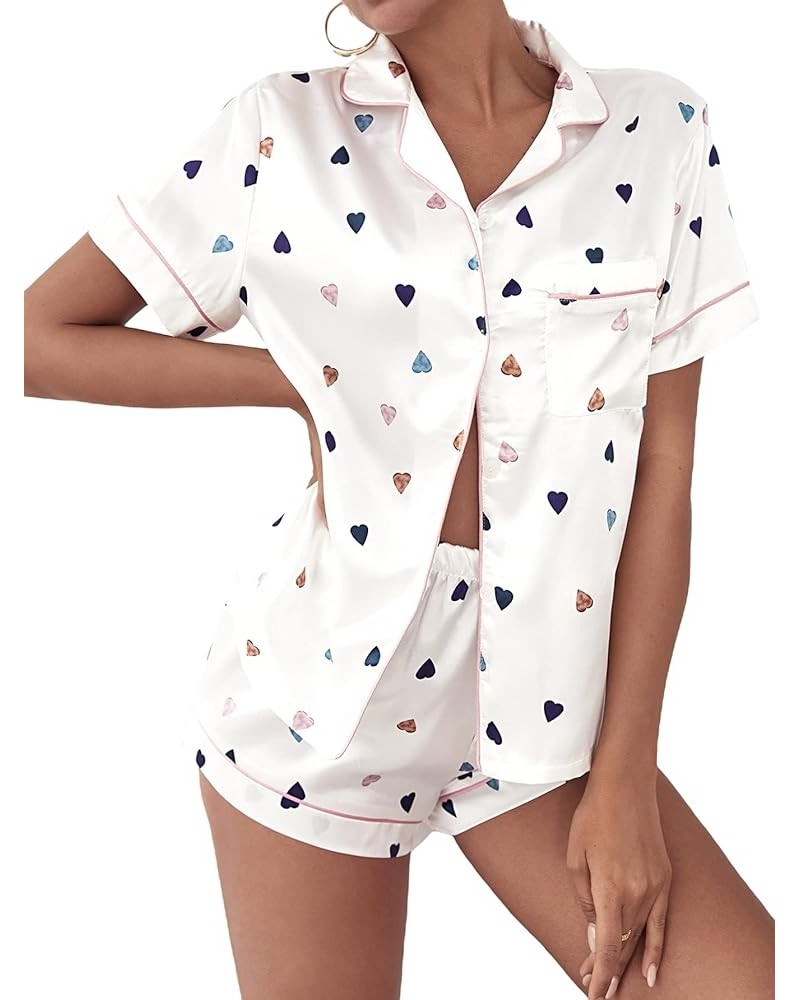 Women's Satin Sleepwear Short Sleeve Button Shirt and Shorts Pajama Set Silky PJ White Heart Print $18.71 Sleep & Lounge