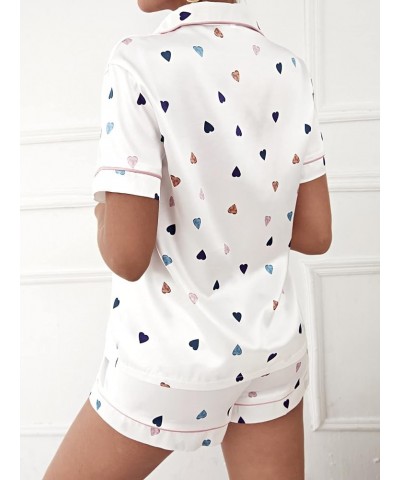 Women's Satin Sleepwear Short Sleeve Button Shirt and Shorts Pajama Set Silky PJ White Heart Print $18.71 Sleep & Lounge