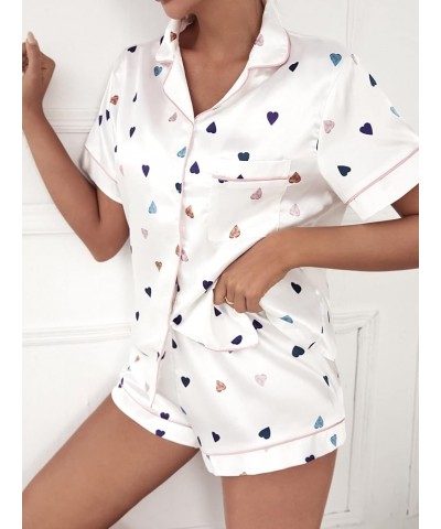 Women's Satin Sleepwear Short Sleeve Button Shirt and Shorts Pajama Set Silky PJ White Heart Print $18.71 Sleep & Lounge