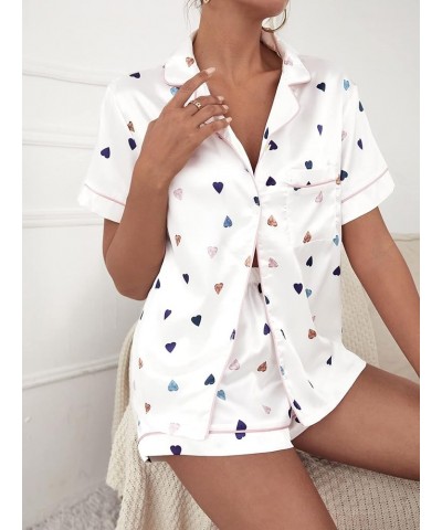 Women's Satin Sleepwear Short Sleeve Button Shirt and Shorts Pajama Set Silky PJ White Heart Print $18.71 Sleep & Lounge