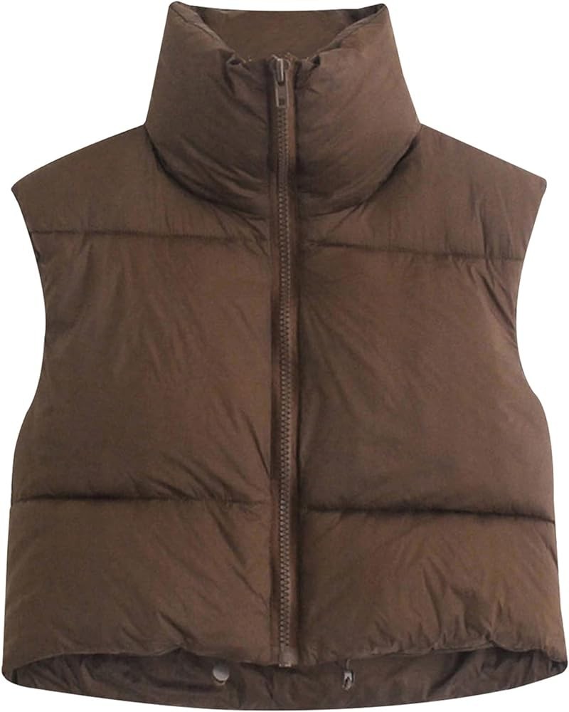 Women's Winter Warm Cropped Puffer Vest Lightweight Sleeveless Outerwear Padded Gilet Brown $21.99 Jackets