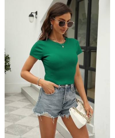 Women Short Sleeve T Shirt Crewneck Y2K Ribbed Knit Slim Fit Crop Top Green $12.00 T-Shirts