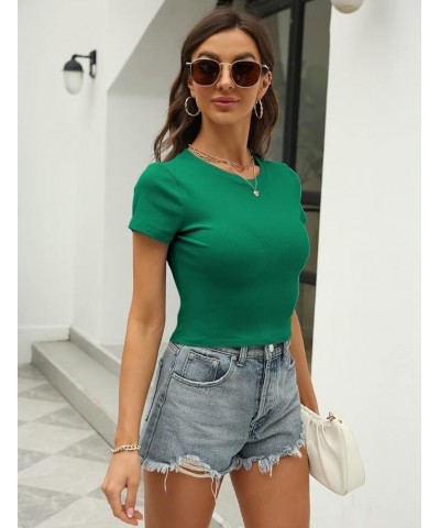 Women Short Sleeve T Shirt Crewneck Y2K Ribbed Knit Slim Fit Crop Top Green $12.00 T-Shirts