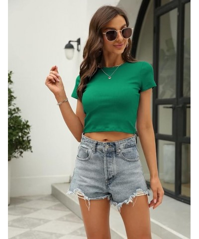 Women Short Sleeve T Shirt Crewneck Y2K Ribbed Knit Slim Fit Crop Top Green $12.00 T-Shirts