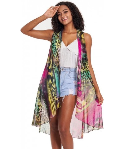 Women Kimono Cardigans Knee Length Beach Coverups for Women Flowy Cover Floral Print Chiffon Sleeveless Cape Purple Leopard $...