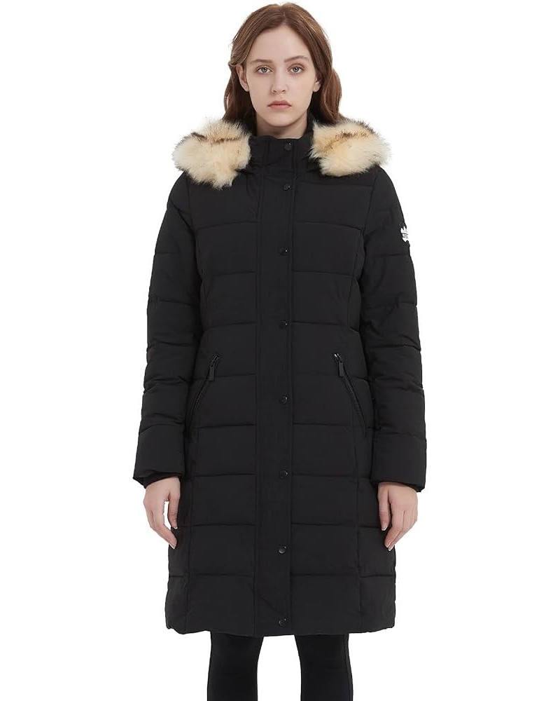 Women's Winter Parka Vegan Down Thick Quilted Jacket Overcoat with Fur Hood Black(brown Fur) $41.65 Jackets