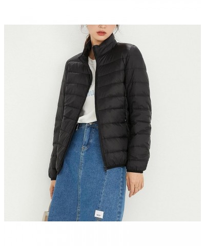 Puffer Jacket Top Sleeve Jacket Color Down Solid Cotton Lightweight Stand Jacket Warm Women's Collar Long Women's Black $19.6...