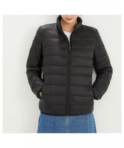 Puffer Jacket Top Sleeve Jacket Color Down Solid Cotton Lightweight Stand Jacket Warm Women's Collar Long Women's Black $19.6...