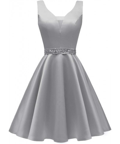 Satin Glitter Short Prom Dresses V-Neck Beaded Evening Homecoming Cocktail Party Gowns for Teens Silver-satin $23.97 Dresses