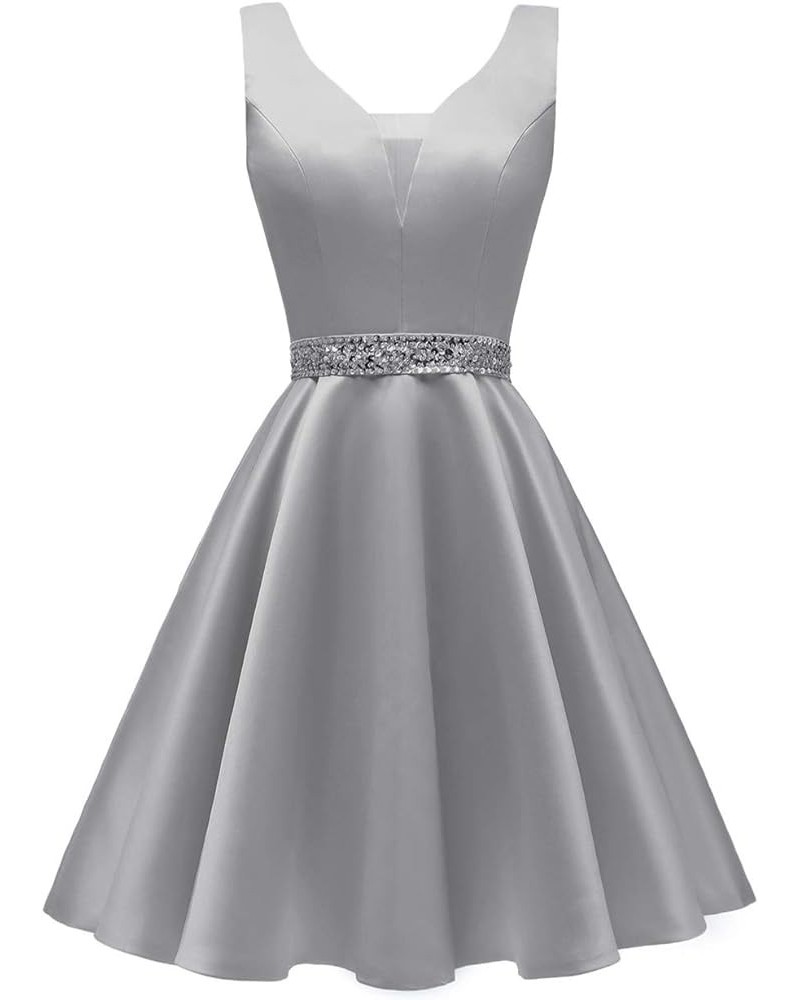 Satin Glitter Short Prom Dresses V-Neck Beaded Evening Homecoming Cocktail Party Gowns for Teens Silver-satin $23.97 Dresses