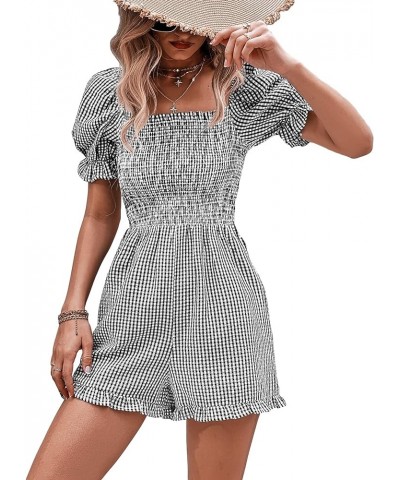 Women's Plaid Print Puff Short Sleeve Romper Square Neck Summer Shorts Jumpsuits Black and White $20.16 Rompers