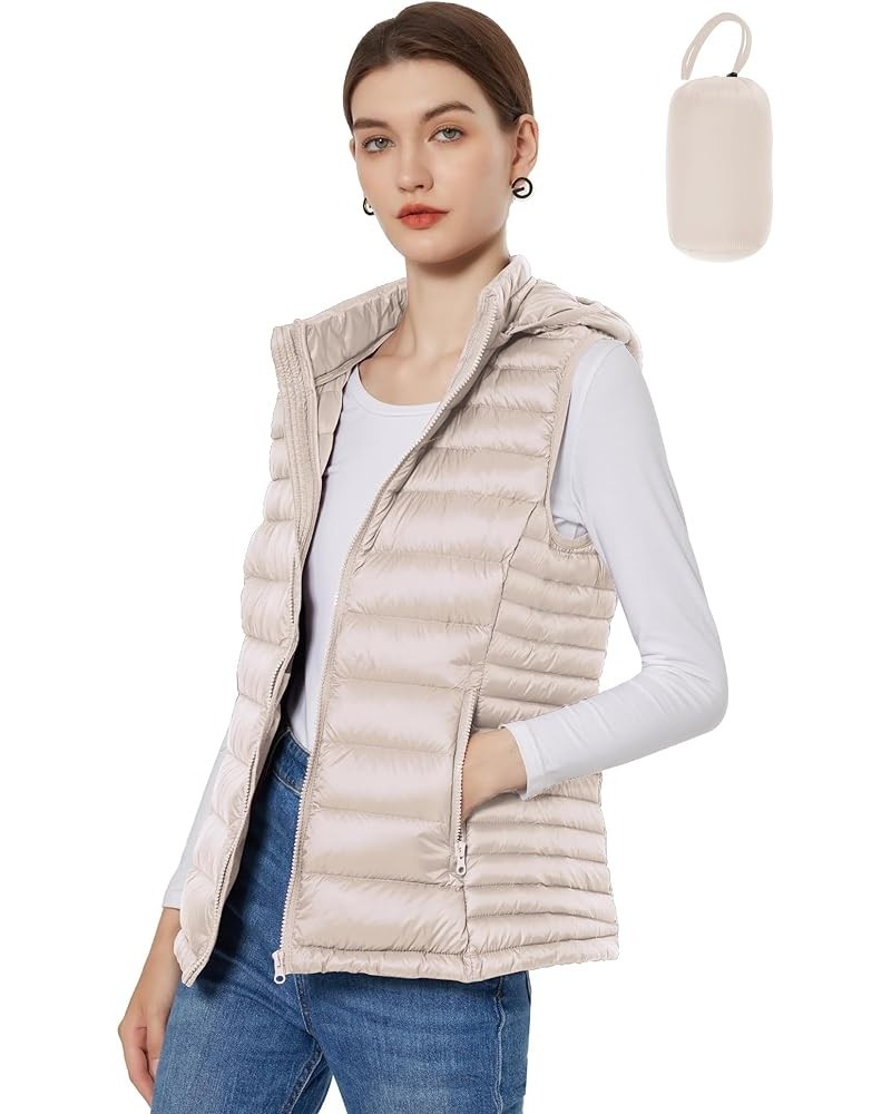 Women’s Down Vest Lightweight Packable Down Puffer Vest Warm Winter Puffy Vest with Hood Beige $20.65 Vests