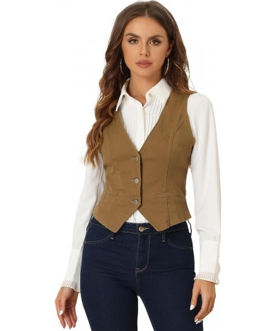 Women's Denim Jakcet Sleeveless V Neck Button Down Casual Jean Waistcoat Vest Brown $22.39 Vests