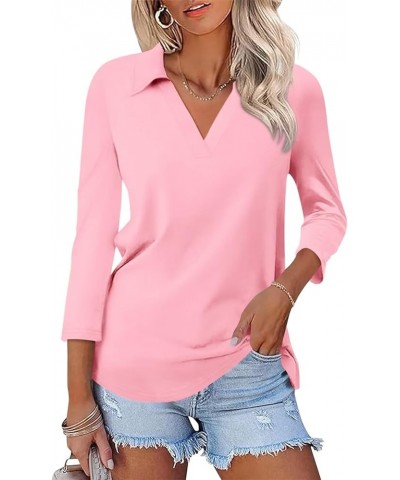 Women's 3/4 Sleeves V Neck T Shirts Casual Summer Tops Basic Collar Cute Tees A1-pink $11.60 Tops