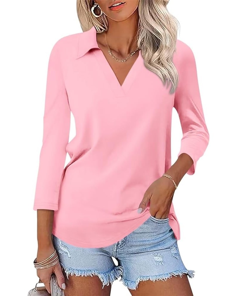 Women's 3/4 Sleeves V Neck T Shirts Casual Summer Tops Basic Collar Cute Tees A1-pink $11.60 Tops