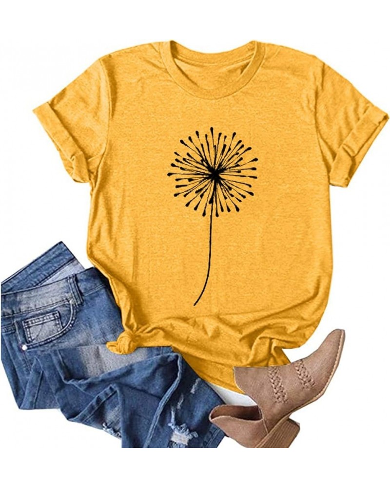 Graphic Tees for Women Casual Dandelion Pattern Print Crewneck Short Sleeve T Shirt Summer Shirts Tops Blouse Y1-yellow $5.37...