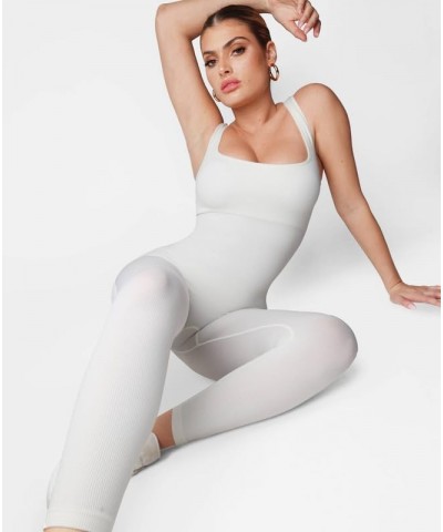 Jumpsuits for Women Built-In Bra Bodycon Square Neck Sleeveless Summer Rompers Ribbed Tank Workout Jumpsuit D-white-jumpsuit ...