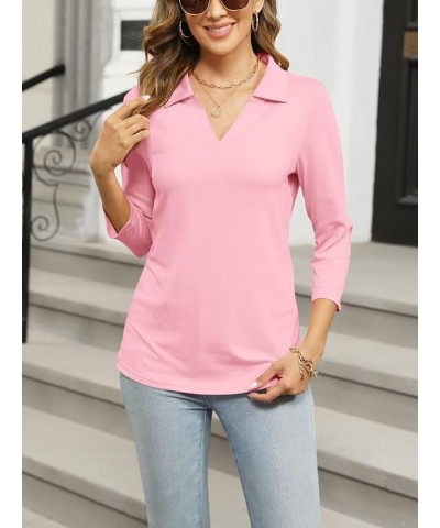 Women's 3/4 Sleeves V Neck T Shirts Casual Summer Tops Basic Collar Cute Tees A1-pink $11.60 Tops