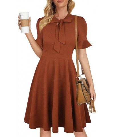 Womens Summer Bow Tie Neck Semi Formal Ruffle Sleeve Church Office Wedding Guest Work Dresses 1 Brown $17.48 Dresses