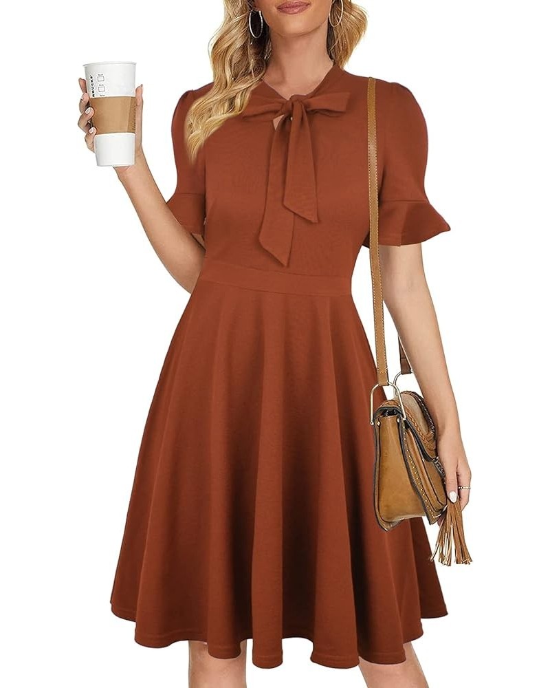 Womens Summer Bow Tie Neck Semi Formal Ruffle Sleeve Church Office Wedding Guest Work Dresses 1 Brown $17.48 Dresses