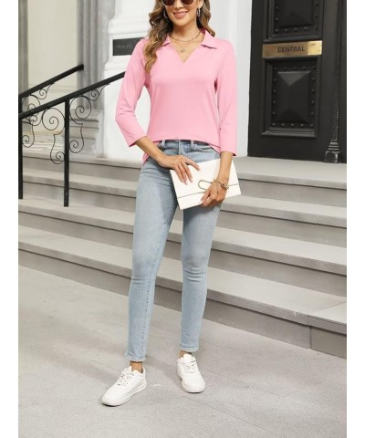 Women's 3/4 Sleeves V Neck T Shirts Casual Summer Tops Basic Collar Cute Tees A1-pink $11.60 Tops