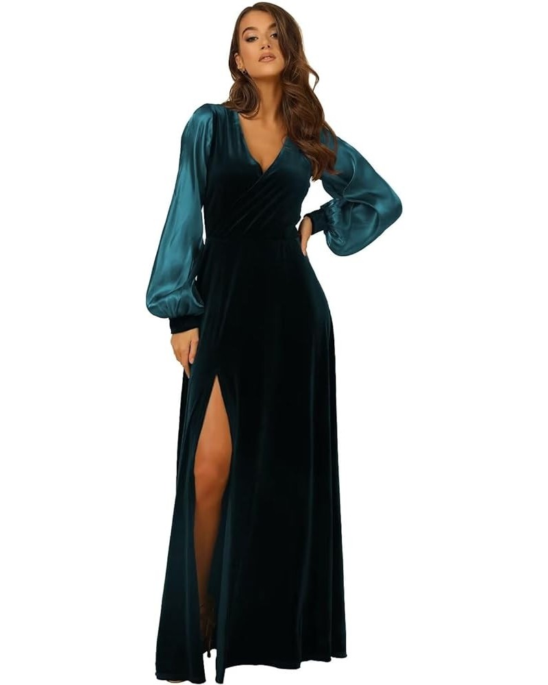 Women's Long Sleeve Velvet Bridesmaid Dress with Pockets V Neck Side Slit Formal Dresses for Party AN019 Teal $30.75 Dresses