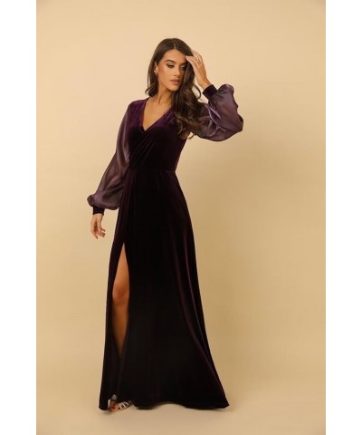 Women's Long Sleeve Velvet Bridesmaid Dress with Pockets V Neck Side Slit Formal Dresses for Party AN019 Teal $30.75 Dresses