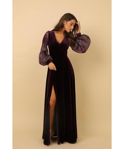 Women's Long Sleeve Velvet Bridesmaid Dress with Pockets V Neck Side Slit Formal Dresses for Party AN019 Teal $30.75 Dresses