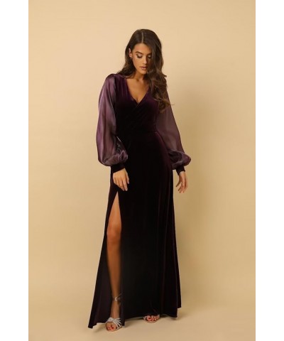 Women's Long Sleeve Velvet Bridesmaid Dress with Pockets V Neck Side Slit Formal Dresses for Party AN019 Teal $30.75 Dresses