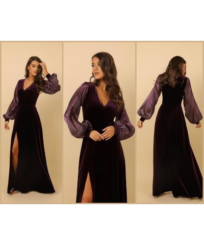 Women's Long Sleeve Velvet Bridesmaid Dress with Pockets V Neck Side Slit Formal Dresses for Party AN019 Teal $30.75 Dresses