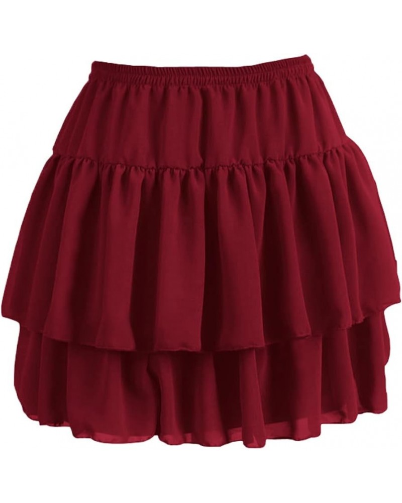 Women's Flared Short Skirt Basic Versatile Pleated Mini Skater Elastic Maroon $11.25 Skirts