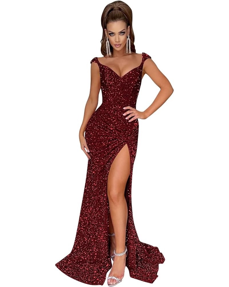 Sequin Mermaid Prom Dresses for Women with Slit Off The Shoulder Evening Party Gowns 2024 BF72 B-burgundy $40.49 Dresses