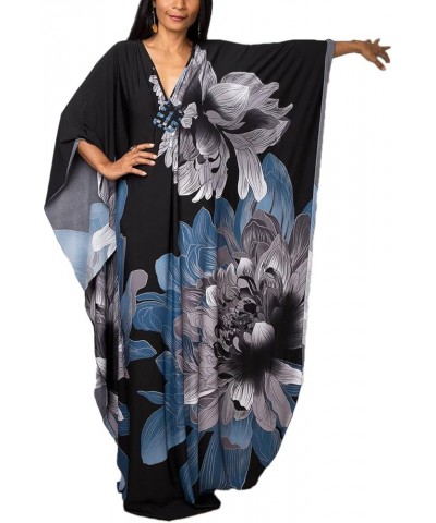 Women Ethnic Print Kaftan Beach Dress Plus Size Swimsuit Cover Up F-grey Blue Print $18.35 Swimsuits