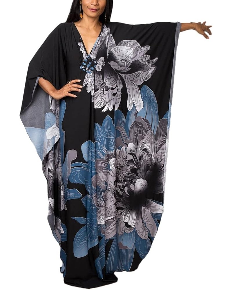 Women Ethnic Print Kaftan Beach Dress Plus Size Swimsuit Cover Up F-grey Blue Print $18.35 Swimsuits