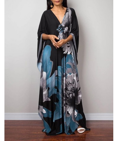 Women Ethnic Print Kaftan Beach Dress Plus Size Swimsuit Cover Up F-grey Blue Print $18.35 Swimsuits