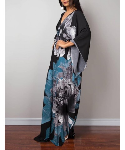 Women Ethnic Print Kaftan Beach Dress Plus Size Swimsuit Cover Up F-grey Blue Print $18.35 Swimsuits