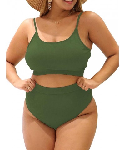 Women's Plus 2 Piece Ribbed High Waist Bikini Sets Basic Solid Swimsuit Bathing Suit Swimwear Dark Green $17.67 Swimsuits