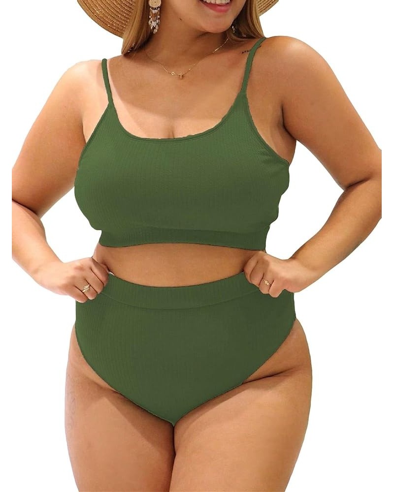 Women's Plus 2 Piece Ribbed High Waist Bikini Sets Basic Solid Swimsuit Bathing Suit Swimwear Dark Green $17.67 Swimsuits