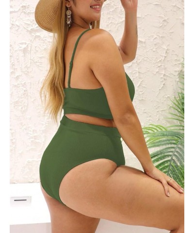 Women's Plus 2 Piece Ribbed High Waist Bikini Sets Basic Solid Swimsuit Bathing Suit Swimwear Dark Green $17.67 Swimsuits