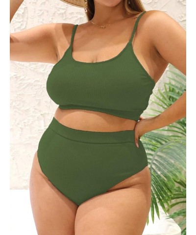 Women's Plus 2 Piece Ribbed High Waist Bikini Sets Basic Solid Swimsuit Bathing Suit Swimwear Dark Green $17.67 Swimsuits