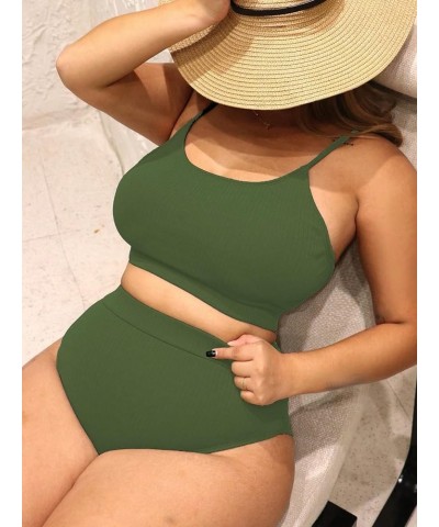 Women's Plus 2 Piece Ribbed High Waist Bikini Sets Basic Solid Swimsuit Bathing Suit Swimwear Dark Green $17.67 Swimsuits