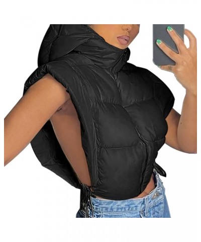 Women's Cropped Puffer Vest Zipper Sleeveless Lightweight Y2K Padded Vests with Hood Black $13.49 Jackets