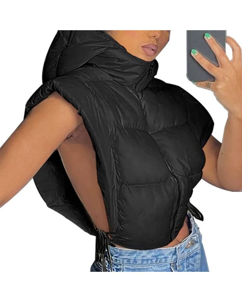 Women's Cropped Puffer Vest Zipper Sleeveless Lightweight Y2K Padded Vests with Hood Black $13.49 Jackets