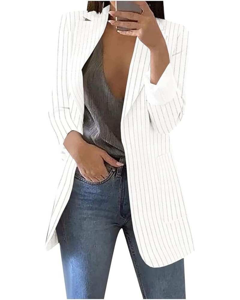 Women's Casual Blazer Stripe Open Front Pockets Cardigan Formal Suit Long Sleeve Blouse Coat Casual Blazer White-3 $19.61 Bla...