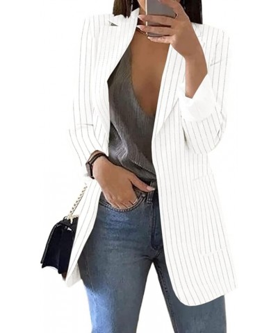 Women's Casual Blazer Stripe Open Front Pockets Cardigan Formal Suit Long Sleeve Blouse Coat Casual Blazer White-3 $19.61 Bla...