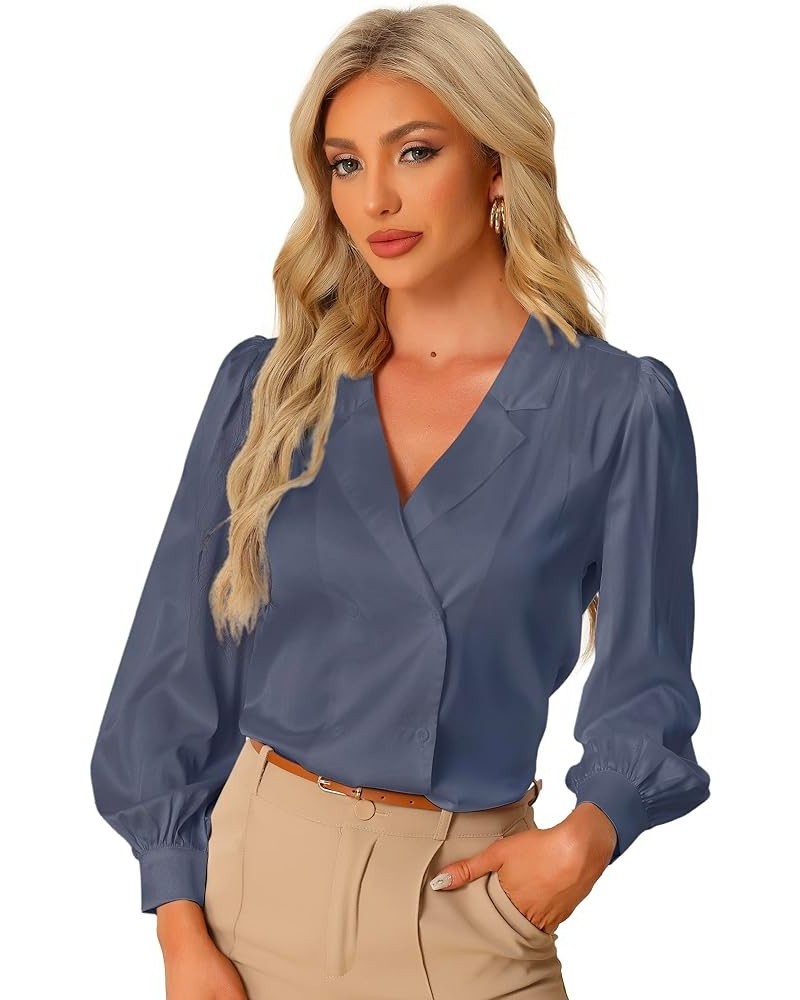 Work Business Casual Button Down Shirt for Women's Satin Long Sleeve Blouse Grey Blue $15.25 Blouses