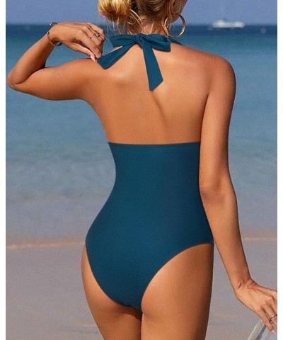 Women Sexy Halter 1 Piece Swimsuit Slimming Tummy Control Bathing Suits 1 Peacock Blue $20.99 Swimsuits